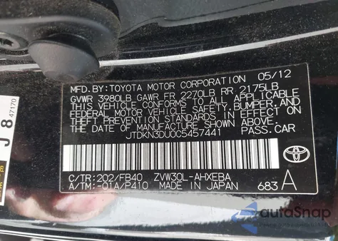 2012 Toyota Prius Two from USA, damaged, VIN JTDKN3DU0C5457441